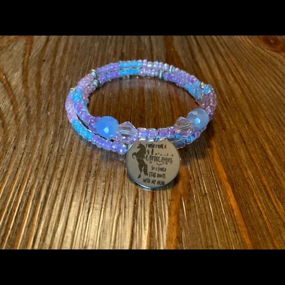 Handmade beaded unicorn wrap bracelet gift for her, memory wire bracelet, charm - Picture 6 of 6